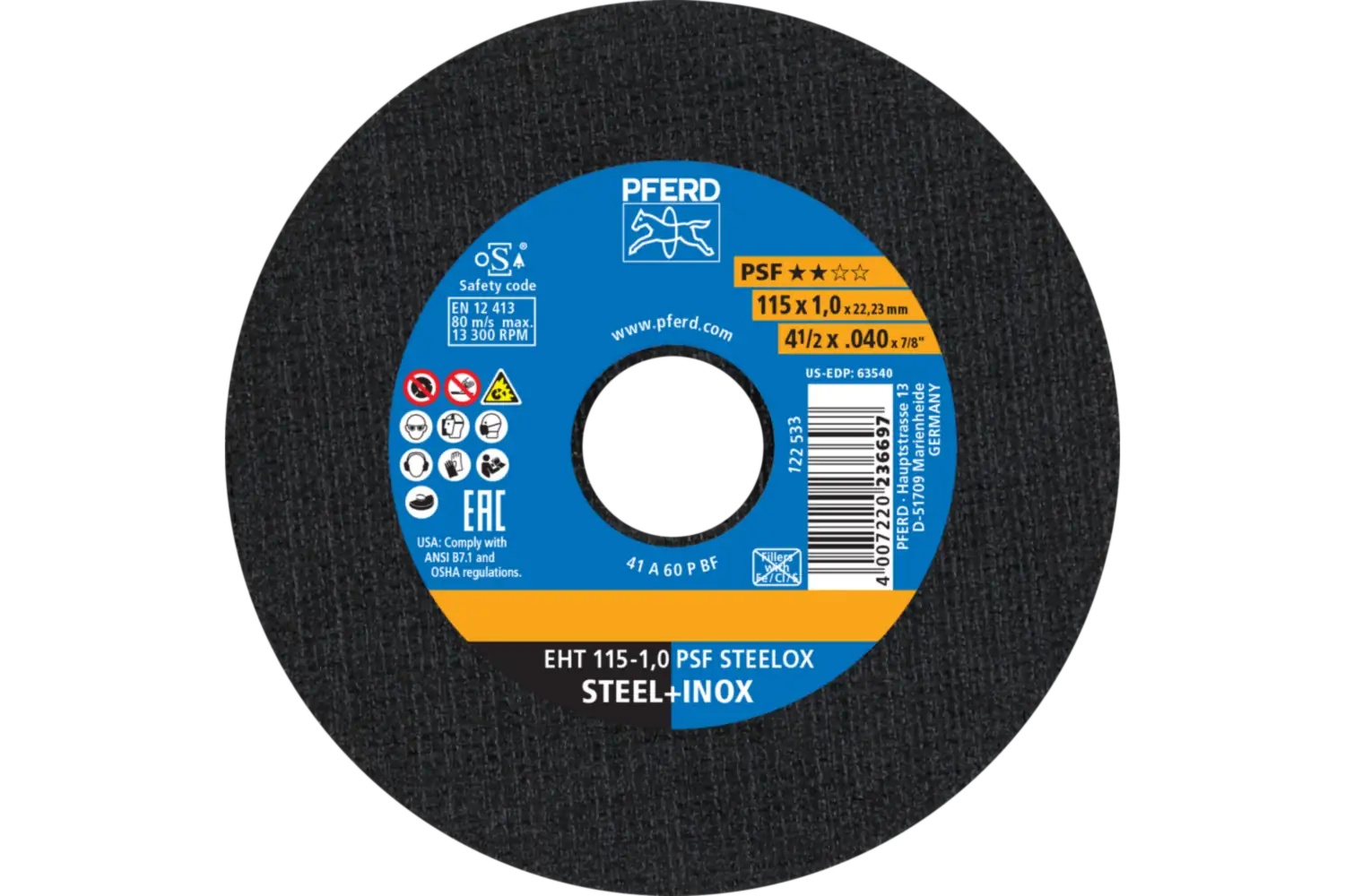 Picture of Pferd Cut-Off Wheel, 4-1/2" X .040 X 7/8, Psf Steelox, T1, Aluminum Oxide